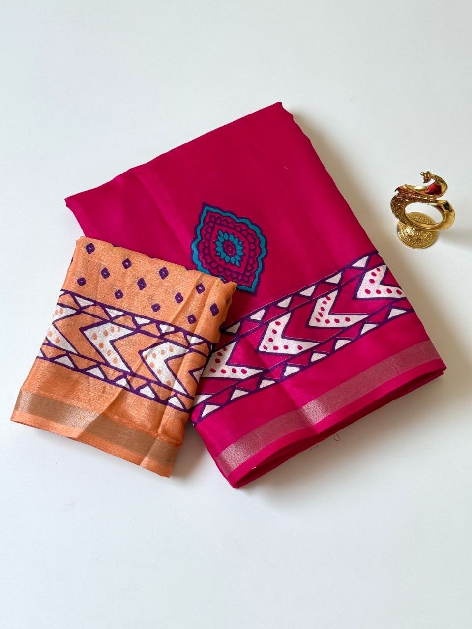 Mul Cotton Saree - Rani Pink with Peach Orange Contrast